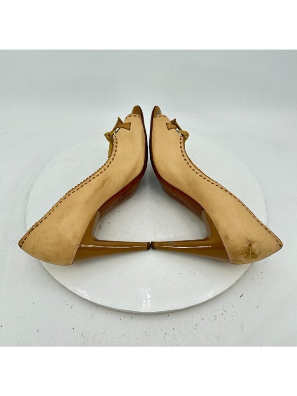 Salvatore Ferragamo Women Size 7.5C Brown Leather Bow Peep Toe Pump Heel Shoes - Picture 6 of 11